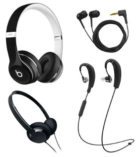 Hovedtelefoner (fra venstre: over ear, in ear, on ear og behind ear)