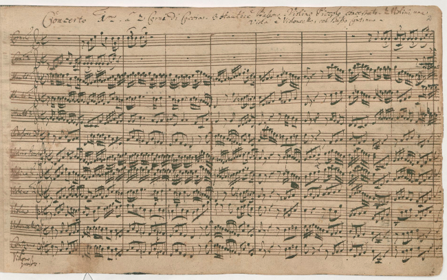 Uddrag af Bachs originalmanuskript til Brandenburgkoncert nr. 1, 1721.