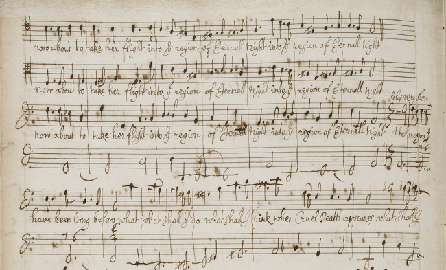 Uddrag af Purcells originalmanuskript til When on my sick bed I languish, ca. 1680. I noden bruges c-nøglen (øverst) og f-nøglen (nederst).