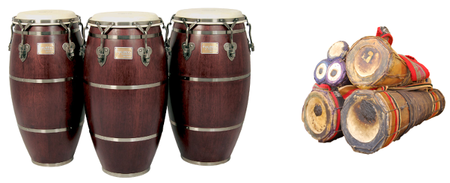 Latinamerikanske trommer med oprindelse i afrika. Fra venstre: congas og batá.